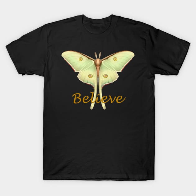 Luminous Vintage Pale Green Luna Moth with Believe Text T-Shirt by SeaChangeDesign